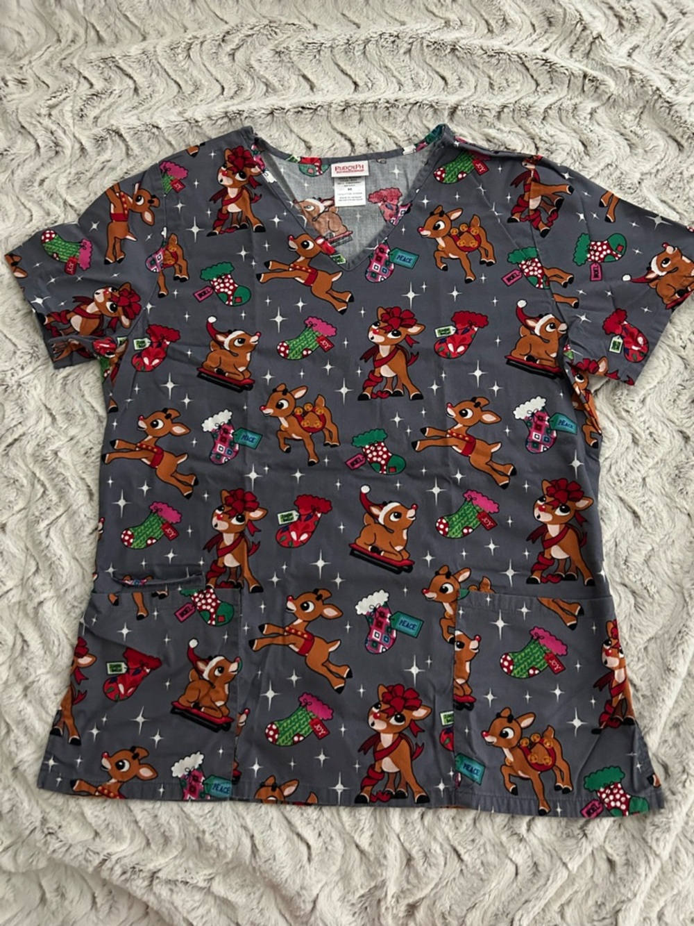 Disney Gray Holiday Reindeer Scrub Top